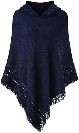 Sefilko Womens Knitted Hooded Poncho Tops Shawl Cape Batwing Blouse With Fringed Sides For Lady