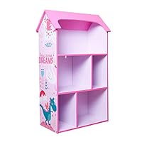 Toffy & Friends Kids Pink Wooden Bookshelf with Storage, Dollhouse Kids Room Organizer Environmentally Friendly UV Paint Non-Toxic Lead Free