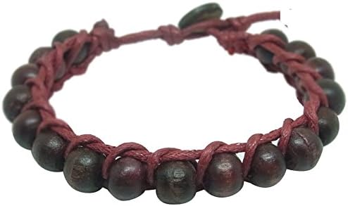 Bracelet Men Women Brown Mala Wood Beads Tibetan Buddhist Prayer Religion Red Color Cotton Thai Handmade