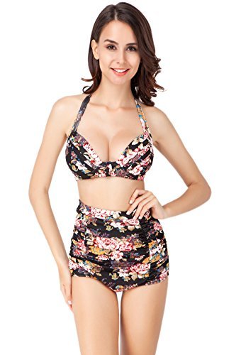 Women Swimsuits - icharmore Summer Retro Floral High Waist Padded Bra Push-up Bikini Swimwear (2XL, Black)