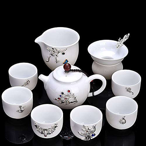 Ceramica in porcellana Argento Intarsio Tea Set Montone-grassi Jade Kung Fu classico caffè teiera di tè tazza di tè con… - immagine 3