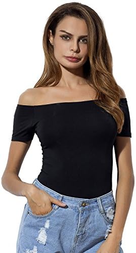 LOBOHO Women's Fashion Off Shoulder Tops Short Sleeve Cotton Casual T-Shirt (Small, Black)