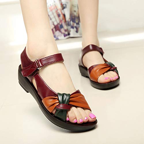 Dressin Women Leather Sandals Womens Fashion Bow Summer Shoes Low Wedges Heel Shoes Ultra Comfy Flats Sandal