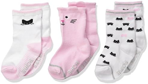 Rosie Pope Accessories Girls' 3pk Crew Kitty, Pink Black/White, 6-12 Months
