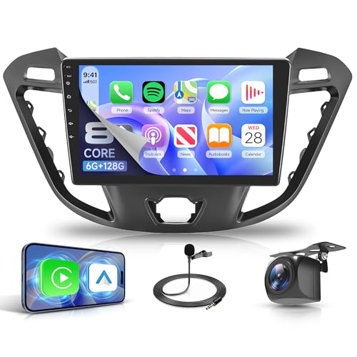 6G+128G 8 Cores Android Car Radio for Ford Transit Custom Tourneo 2013-2018, 9'' Touch Screen Carplay Android Auto Wireless FM/RDS/EQ/DSP WiFi GPS Panoramic 360° Steering Wheel Controls Reversing Camera
