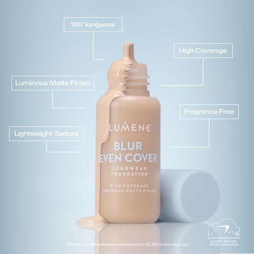 LUMENE Blur Even Cover Foundation - Base líquida ligera de alta cobertura con acabado mate radiante | 16 horas de duración | niacinamida y arándano nórdico | Sin perfume | Tono 0 | 30 ml