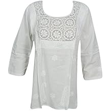 Womens Peasant Tunic Pure Cotton Floral Embroidery Top Blouse