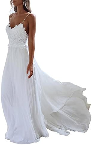 XJLY Spaghetti Straps Applique Backless Long Chiffon Beach Wedding Dress