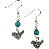Bird or Robin Charm Earrings with Turquoise Colored Stone Accent Beads on Sterling Silver Earwires