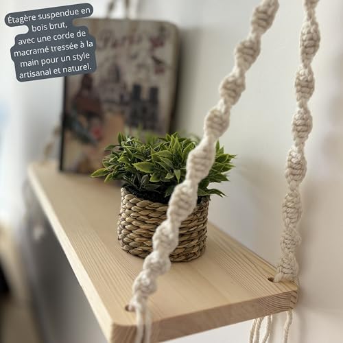 Mekase Set of 2 Wooden Hanging Wall Shelves with Macrame Rope - Cocooning Bohemian Wall Decor for Plants, Bedroom, Living Room, Bathroom, No Drilling, Scandinavian Boho Style
