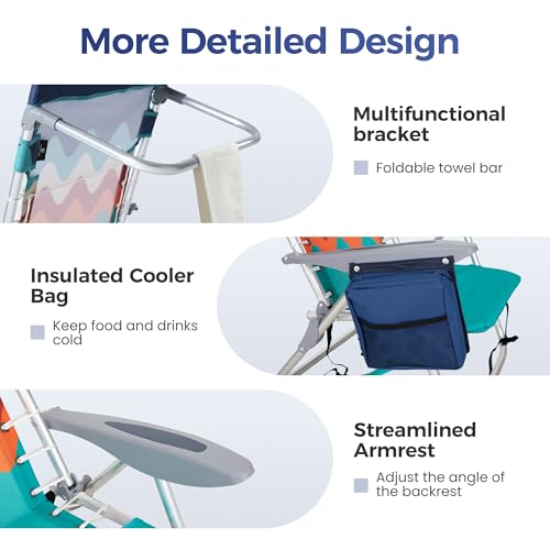 ALPHA CAMP Set of 2 Beach Chair, Beach Chairs Low Folding Lightweight, Foldable Backpack Beach Camping Chair with 4 Position, Cooler Bag, Headrest, Armrest, Wave Blue