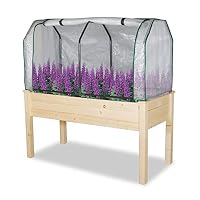 LYNSLIM PE Greenhouse Cover + Solid Wood Raised Elevated Garden Bed Planter Box for Vegetables/Flower/Fruits Herb Grow, Natural Wood Frame Gardening Planting Bed,Easy Assembly (22" x 48" x 22" H)