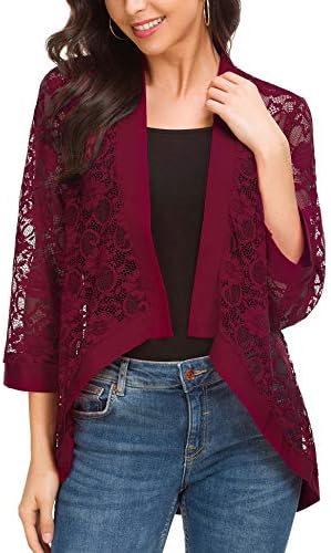 ROOSEY Women's Lace Cardigan Kimono Casual 3/4 Sleeve Open Front Dressy Shrug Beach Cover Up Jacket