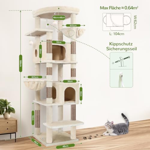 Globlazer Cat Scratching Post Beige XXL 188 cm with 2 Extra Large Cat Houses 50 x 30 x 30 cm, Enlarge Platform Padded, 2 Cat Baskets, Sturdy Cat Tree Corner Tilt-Proof for Large Cats, Heavy (S74, Beige)