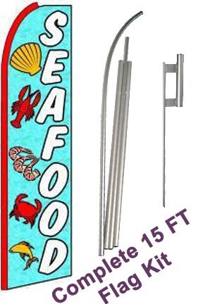 NEOPlex - "Seafood (Extra Wide)" Complete Flag Kit - Includes 12' Swooper Feather Business Flag With 15-foot Anodized Aluminum Flagpole AND Ground Spike