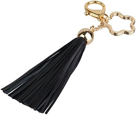 Leather Tassel Keychain Bag Charm Fob With Star Keyring (Black)
