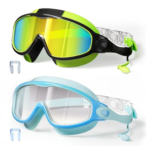 YLKJSWIM Swim Goggles for Kids 3-15 with Earplugs Large Frame Anti-Fog/UV Swimming Goggles for Boys Girls Toddler 2PCS