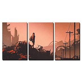 3 Piece Canvas Wall Art - Woman Hiker Looking at Abandoned City,Illustration Painting - Modern Home Art Stretched and Framed Ready to Hang - 16"x24"x3 Panels