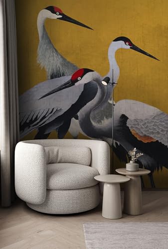 Komar Vlies Fototapete - Yellow Cranes - Größe 200 x 250 cm - Tapete, Wanddekoration, Wohnzimmer, Schlafzimmer, Büro