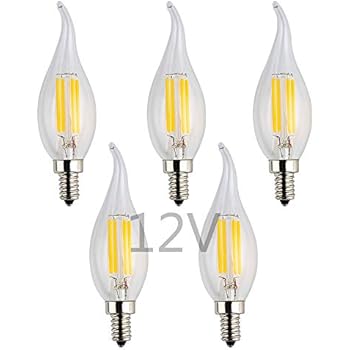 OPALRAY Low Voltage 12V LED Candelabra Bulb, 12V DC or 12V AC, 4W Dimmable, 2700K Warm White Light, E12 Small Base, 40W Incandescent Replacement, 12Volt DC Operated, Clear Glass Flame Tip, 5-Pack