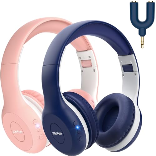 EarFun Bluetooth Kopfhörer Kinder [2er-Pack], 85/94dB Lautstärkeregelung, HiFi Sound, HD-Mikrofon, 40 Std Akku, Faltbare, Einstellbar, Kopfhörer Kabel
