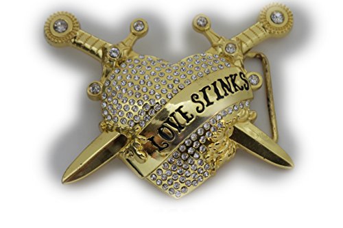 TFJ Men Women Belt Buckle Western Metal Gold Cowboys Heart Swords Love Stinks