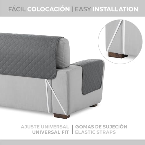 Textilhome Copridivano Chaise Longue con Penisola Malu 240cm – Salvadivano Trapuntato Universale con Bracciolo Sinistro, Protezione per Animali Domestici, Colore Grey (Visto da Davanti)