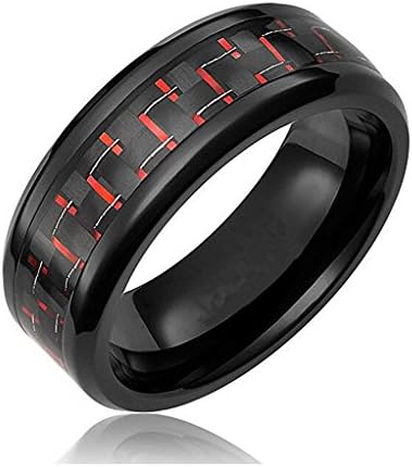 8MM Mens Titanium Ring Wedding Band Black Plated with Black and Red Carbon Fiber Inlay Size 10