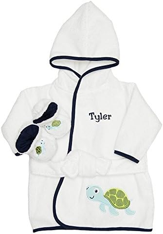 Personalized Monogrammed Sea Turtle Terry Hooded Bath Robe & Slipper Set Sz 0-9 Mo