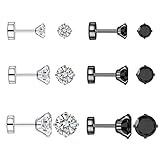 Changgaijewelry 3 Pairs 18g 20g Stainless Steel Clear Black Cubic Zirconia Stud Earrings for Women Men Cartilage Ear Piercings Helix Tragus Set Flat Screw Backs 3mm 4mm 5mm (Clear)