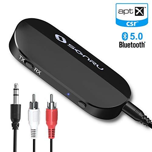 Bluetooth 5.0 Transmitter Receiver, SONRU 2-in-1 Mini Wireless 3.5mm Aux Bluetooth Audio Adapter, AptX Low Latency Bluetooth Transmitter for TV PC Headphones Home Stereo System, Dual Pair Support, 10m