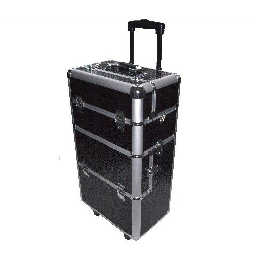 N&BF Profi Kosmetiktrolley Rollkoffer groß | Beautycase Schwarz Croco | robuster Nagelkoffer aus Aluminium | Viel Stauraum | 