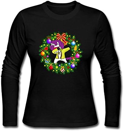 QEDS Funny Christmas Dabbing Unicorn Women Long Sleeve Round Neck Cotton T-Shirt Top Christmas Gift S