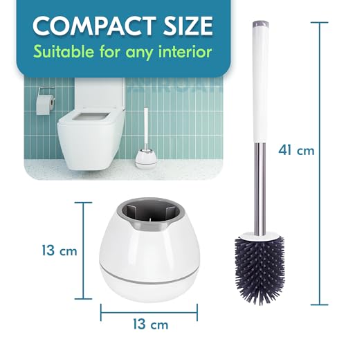 AMROAH Silicone Toilet Brush and Holder Set with Long Handle for Bathroom, Compact Cleaner Brush Toliet Bowl Floor Standing Plastic for Deep Cleaning Scrubber Under Rim