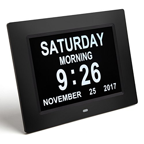 AmoVee Day Clock Calendar Day Digital Alarm Clock with Extra Large Non-Abbreviated Display for Elderly, Vision Impaired, Dementia, Memory Loss, Black