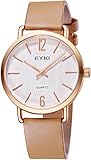 Womens Watches Analog Leather Wrist watch, Rose Gold Case Simple Watches for Women Light Brown -Voeons