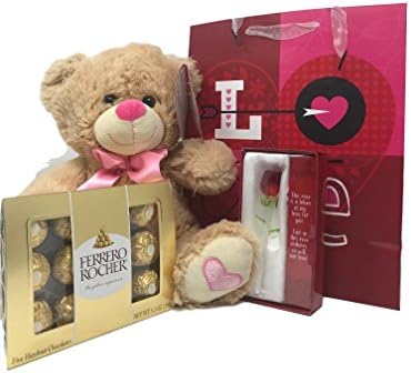 alentines Day Gift Basket Set | Ferrero Rocher Hazelnut Chocolates Diamond Box 12 Count | 12 Teddy Bear Plush, Glass Rose Flower, Poem &amp; Premium V-Day Gift Bag | for Girlfriend,, Mother, Partner