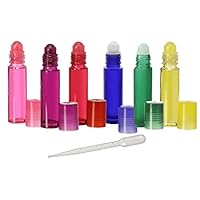 6 Aromatherapy Glass Roll On Bottles 10ml, Rainbow Assorted Colors (Asst #2)by Grand Parfums -Set of 6 Colored Rollon Perfume Bottles - .33 Oz