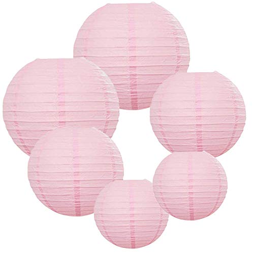 E-MANIS 6 Packs Round Paper Lanterns with Assorted Sizes for Wedding Party Decorations (Pink)