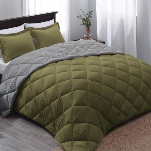 Basic Beyond Queen Comforter Set - Olive Green Comforter Set Queen, Reversible Bed Comforter Queen Set for All Seasons, Olive Green/Charcoal Gray, 1 Comforter (88x92) and 2 Pillow Shams (20x26+2)