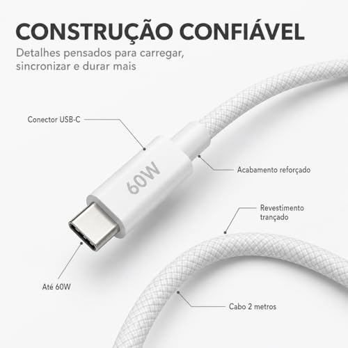Cabo USB-C para USB-C 2 Metros 60W, Nylon Trançado Reforçado, Carga e Dados, Compatível com iPhone 15/16, Samsung Galaxy, Xiaomi, iPad, MacBook, Notebook e Tablet