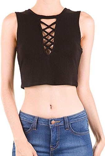 Golden Dazey Ribbed Basic Lace Up Criss Cross Crop Top (Small, Black)