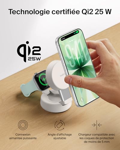 UltraCharge Chargeur MagSafe 2-en-1, Socle De Recharge Qi2.2 25 W Aimanté Et Pliable pour iPhone 17, Apple Watch Series 10, Pixelsnap, etc. (Adaptateur 45 W Inclus, Beige