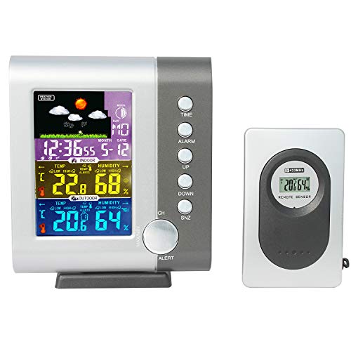 JIMEI Indoor Outdoor Color Weather Station Digital Color Forecast Station with Sensor Home Alarm Clock with Temperature Alerts Charging USB Port Moon Phase H105G