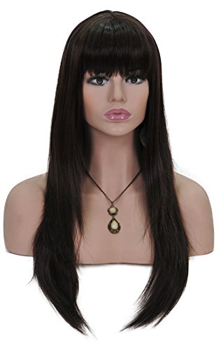 Cosplay Wigs for Women 24 Inches Long Straight Hair Extensions Full Head Dark Brown Wig with Bangs and Cap and Comb (SXL1414) (Dark brown)