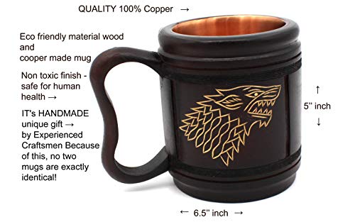 5MoonSun5's Handmade wooden Beer Mug copper Cup Carved Natural Beer Stein Old-Fashioned Barrel Brown Vintage Bar accessories - Wood Carving Stark Targaryen and Lannister Beer Mug Tankard for Men 16oz - Thumbnail 3