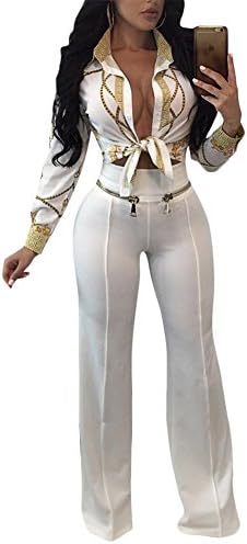 Metup Women Gold Chain Casual Long Sleeve Button-Down Shirt Blouse Top