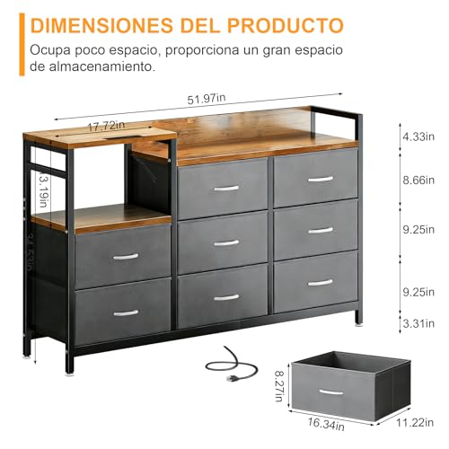 STAR BURN Cómoda para Recamara,Cajonera con Estación de Carga y 8 Cajones Deslizantes de Tela,Comodas Muebles para Recamara con Estantes Abiertos de Madera,Mueble Organizador Recamara Gris+Marron