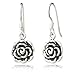 925 Oxidized Sterling Silver Vintage Rose Flower Dangle Hook Earrings