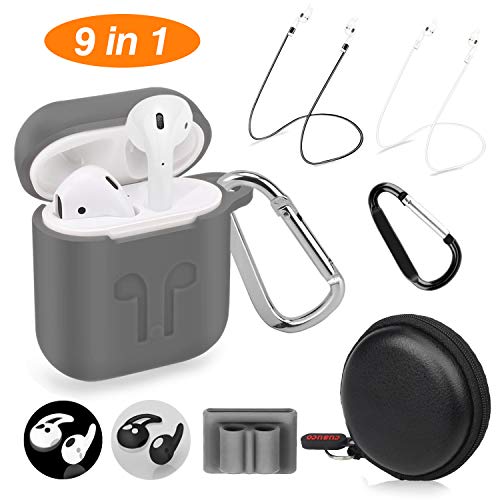 Cuauco AirPods Case Protective Silicone Cover with 2 Anti-Lost Airpods Strap/2 Pairs of Ear Hooks/2 Carabiner/1 Airpods Watch Band Holder/1 Headphone Case for Apple Airpods Accessories (9 Pack)-(Gray)